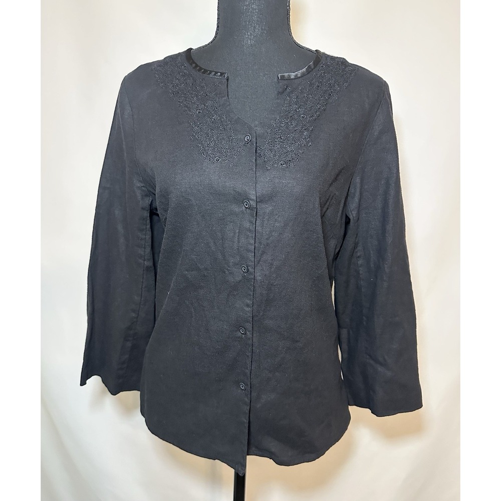 Norton McNaughton Women's Linen Blend Black Button up Blouse‎ Top SIZE 10